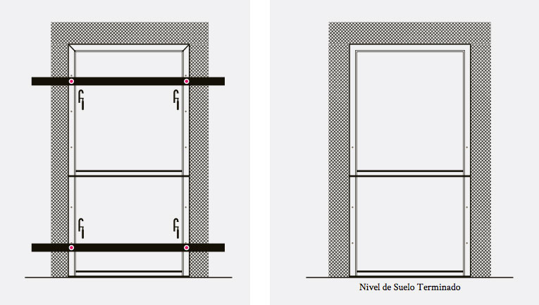 Esquema de puertas sin marcos Sensem con distanciadores para fácil montaje