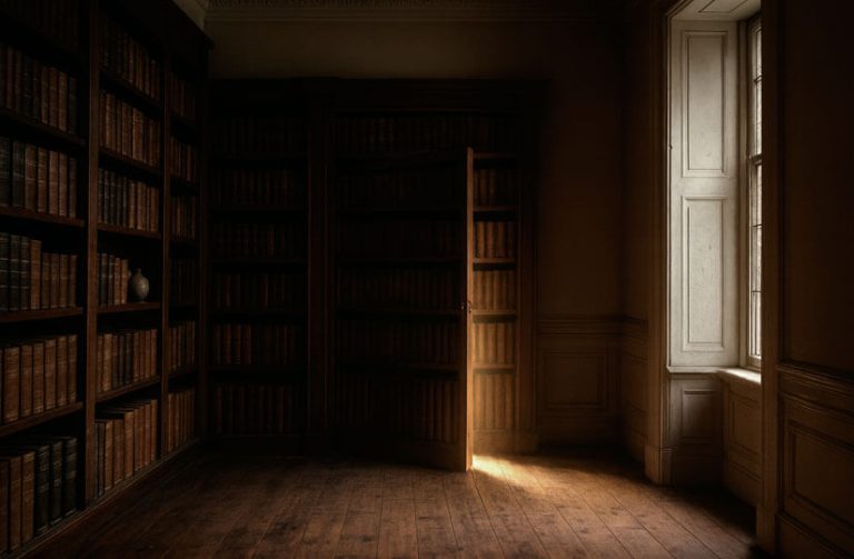 Librería antigua con puerta secreta representando la evolución de las puertas secretas