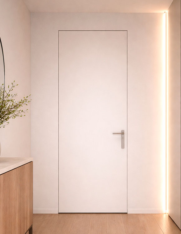 Puerta abatible oculta sin marco integrada en la pared con sistema Sensem