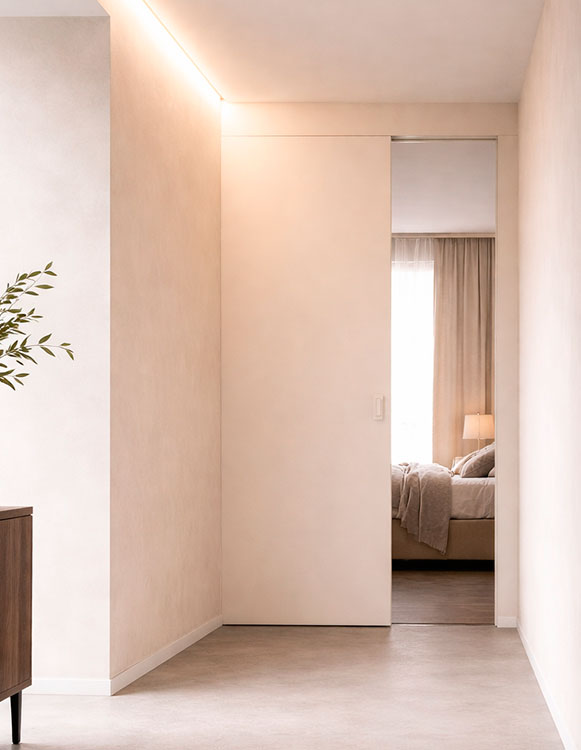 Puerta corredera oculta sin marco integrada en la pared con sistema Sensem