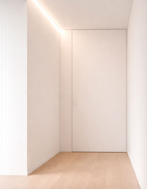 Puerta pivotante oculta sin marco integrada en la pared en sistema Sensem